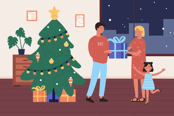 Cadeau de Noël pour les familles, dessin animé heureux père donnant boîte cadeau de Noël à la mère et l'enfant — Image vectorielle