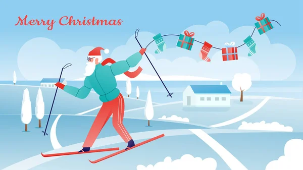 圣诞快乐，卡通人物圣诞老人穿着运动服，在雪地的冬季滑雪场滑行 — 图库矢量图片