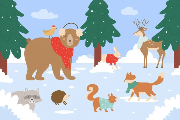 冬季森林中的动物，戴着围巾或毛衣的卡通可爱的动物形象站在一起 — 图库矢量图片