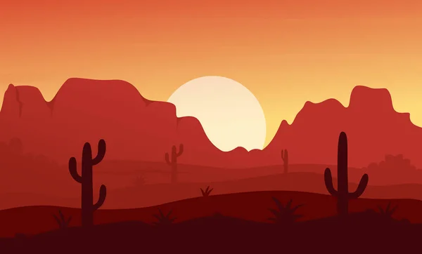 Μεξικάνικο, Τέξας ή Arisona έρημο τοπίο της φύσης, κινούμενα σχέδια ξηρό τοπίο της ερήμου με βράχια βουνό, κάκτους και κρανίο — Διανυσματικό Αρχείο