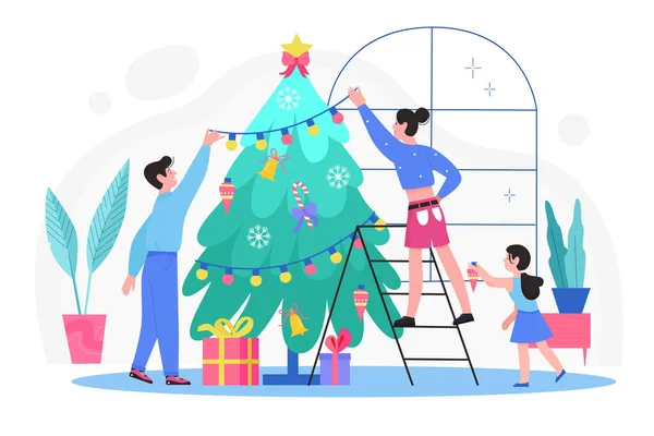 Las personas de la familia decoran el árbol de Navidad con bolas y guirnalda en el interior de la sala de estar casa de dibujos animados — Vector de stock