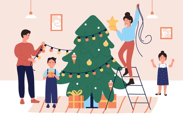 Decora el árbol de Navidad, dibujos animados madre plana, padre e hijos personajes que decoran el árbol de Navidad — Vector de stock