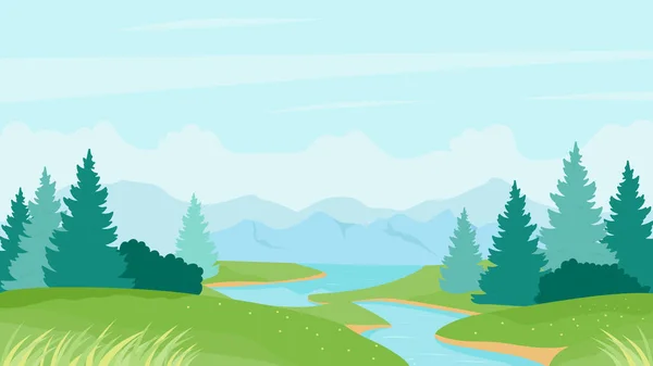 River summer landscape, cartoon natural peaceful scenery with calm river waters, green grass hills