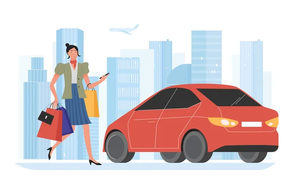 Üzletasszony a városkép, rajzfilm elfoglalt irodai dolgozó karakter fut a piros autó jármű — Stock Vector