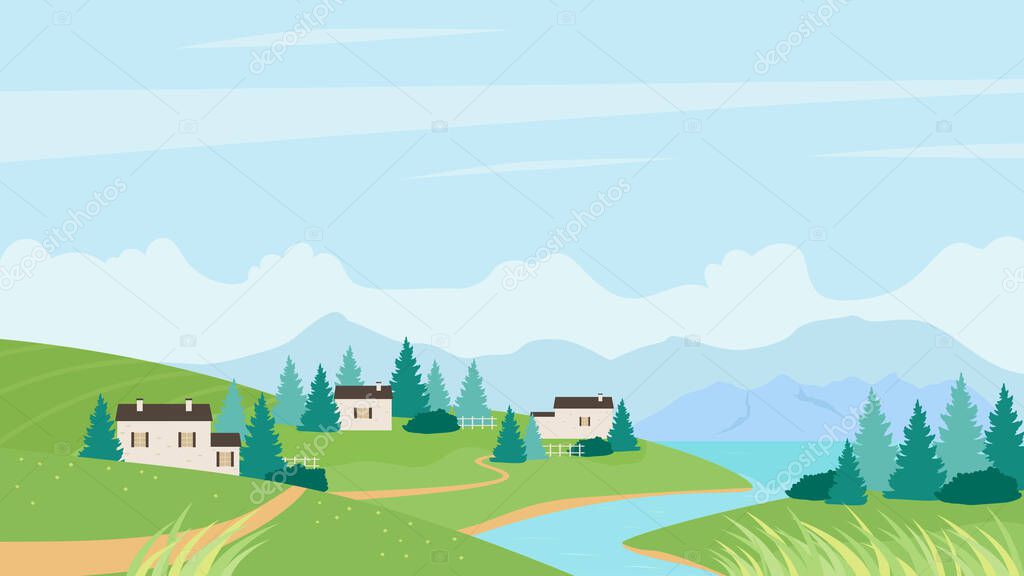 Summer village, river landscape, cartoon green nature scenery, picturesque settlement on riverbank