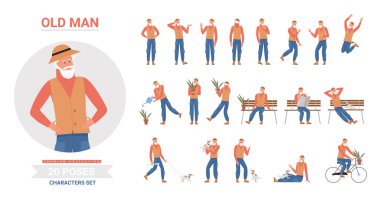 Yaşlı adam poz veriyor, çizgi film yaşlı sakallı hippi karakter poz veriyor, ayakta duruyor ve köpekle yürüyor.