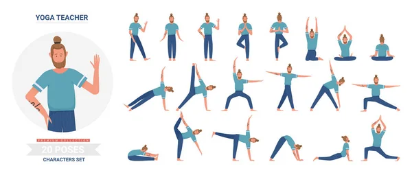 Profesora de Yoga posa set, yoguista de dibujos animados haciendo ejercicio asana, meditando, sentada en postura de loto — Archivo Imágenes Vectoriales
