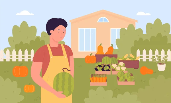 Agricultor com colheita, jardineiro dos desenhos animados segurando melancia nas mãos, paisagem da aldeia casa de fazenda — Vetor de Stock