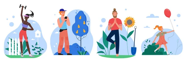 Gente en el jardín conjunto, personaje de la aptitud de dibujos animados haciendo ejercicios deportivos, yoguista de pie en postura de yoga — Vector de stock