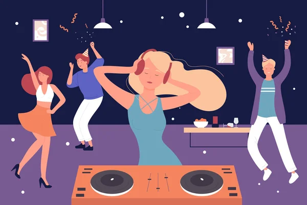 Casa festa musical, amigos dos desenhos animados as pessoas ouvem música DJ e dança, se divertir e dança feliz — Vetor de Stock