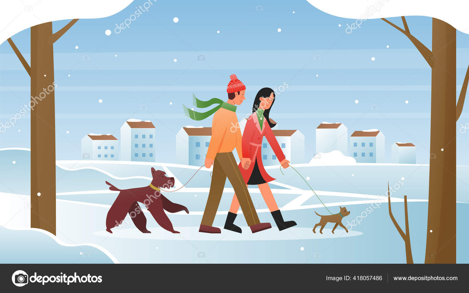 People walk in winter, cartoon flat couple characters walking with pets  dogs in city park wintertime Stock Vector Image by ©flashvector #418057486