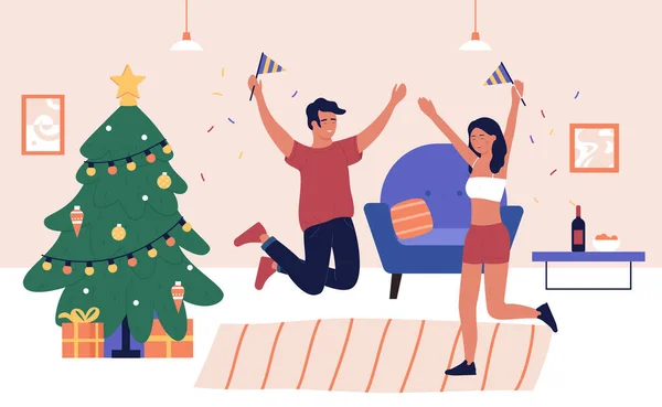 Feliz Año Nuevo y celebración de Navidad, dibujos animados amigos planos o pareja bailando en la fiesta en casa — Vector de stock