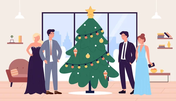 Fiesta de Año Nuevo, personajes de dibujos animados en ropa festiva de pie junto al árbol de Navidad — Vector de stock