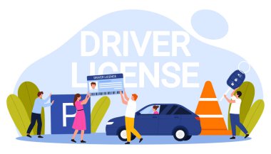 Sürücü ehliyeti, araba anahtarları ve trafik konileri ile park levhası olan, ehliyet ve ehliyet sürecini temsil eden, beyaz arkaplan vektör ilüstrasyonunda izole edilmiş insanlar