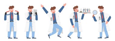 Laboratuvar önlüklü karikatür erkek bilim adamı beyaz arka plan vektör ilülasyonunda izole edilmiş eğitim, araştırma ve STEM kavramları için mükemmel ekipmanlarla çeşitli bilim pozları gösteriyor.