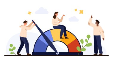 Takım çalışması konsepti, beyaz arka plan vektör ilülasyonunda izole edilmiş, zihinsel sağlık gelişimi, rahatlama ve pozitif ruh halini sembolize eden, renkli bir gösterge sayacındaki stres seviyesini azaltan insanları gösteriyor.