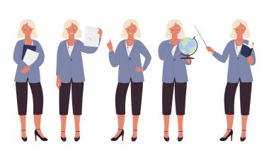 Çeşitli sınıflardaki profesyonel kadın öğretmenler, beyaz arkaplan vektör ilüstrasyonunda izole edilmiş eğitim, eğitim ve okul tasarımı için belgeler, dünya, kitap ve işaretçi bulunduruyorlar.