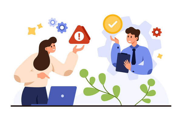 Клиент, получающий техническую поддержку через онлайн-общение в справочной службе, решение вопросов, ответы на вопросы, бизнес-помощь, цифровое рабочее пространство, командная работа, изолированная на белом фоне векторная иллюстрация