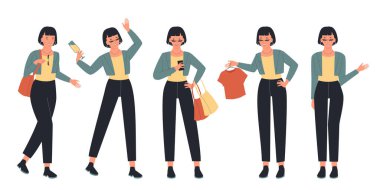 Elinde telefon, alışveriş çantası ve giysi bulunan modaya uygun bir genç kız, beyaz arka plan resimlerinde izole edilmiş yaşam tarzı, moda veya perakende kavramları için mükemmel pozlar veriyor.