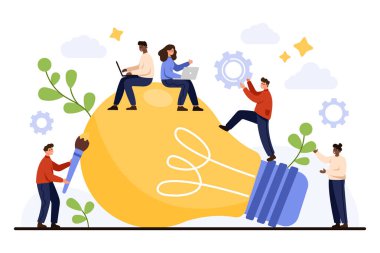 Yaratıcı ekip yenilik, beyin fırtınası ve ampulle problem çözmede birlikte çalışıyor. Büyük fikri sembolize ediyor, iş ekibi çalışması ve proje planlama vektörü çizimi için mükemmel.