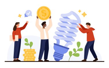 İnsanlarla enerji tasarrufu ve maliyet düşüşü için takım çalışması, para sikkeleri ve sürdürülebilirlik ve finansal yardımlar için çevre dostu ampul kavramı beyaz arka plan vektör ilülasyonunda izole edildi