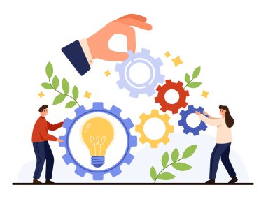 İş birliği ve destek konsepti, beyaz arka plan vektör ilüstrasyonunda izole edilmiş fikirler ve başarı için işbirliğini sembolize eden çarkları ve ampulleri birbirine bağlayan insanlarla