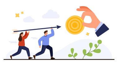 İş adamları birlikte çalışarak başarıyı, motivasyonu ve kariyer veya kişisel gelişimi sembolize eden beyaz arka plan vektör ilülasyonunda izole edilmiş bir hedefi hedefliyor.