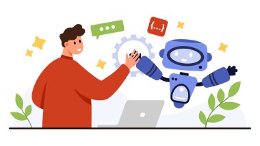 İnsan ve arkadaş canlısı robot beşliği, modern teknoloji ve veri bilim vektörü ilüstrasyonunda takım çalışmasını, yapay zekayı ve dijital dönüşümü sembolize ediyor.