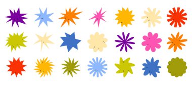 Parlak çok renkli soyut yıldız ve patlama şekilleri tasarım, dekorasyon, arka plan, el sanatları ve beyaz arkaplan çizimi üzerinde izole edilmiş yaratıcı projeler için mükemmeldir.
