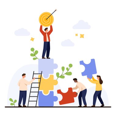 Yapboz parçalarını çözmek ve hedef kitlesine ulaşmak için işbirliği yapan iş adamları beyaz arka plan vektör ilüstrasyonunda izole edilmiş takım çalışması, hedef başarısı ve stratejik planlamayı sembolize ediyor