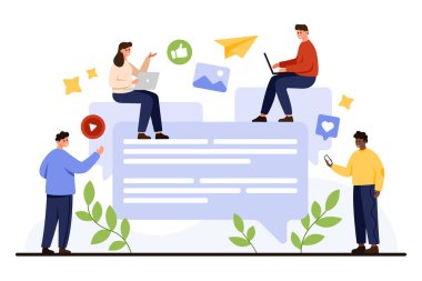 Sosyal medya simgeleri, takım çalışması ve dijital etkileşim konseptiyle çevrili çevrimiçi sohbet iletişimi için aygıt kullanan çeşitli insanlar grubu beyaz arkaplan vektör ilülasyonunda izole edildi