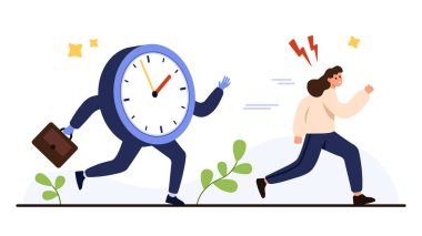 Süre bitiş süresi baskısını, zaman yönetimi zorluklarını, iş aciliyetini, verimlilik mücadelesini ve beyaz arka plan illüstrasyonunda izole edilmiş işyerindeki stresi sembolize eden kişi