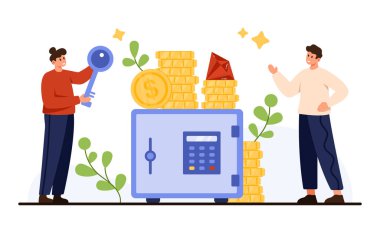 Tasarruf ve servetinizi banka kasası, büyük anahtar, altın sikkeler ve finansal büyüme sembolleri ile güvence altına alın, beyaz arka plan vektör ilüstrasyonunda izole edilmiş finans, yatırım ve güvenlik konuları için mükemmel