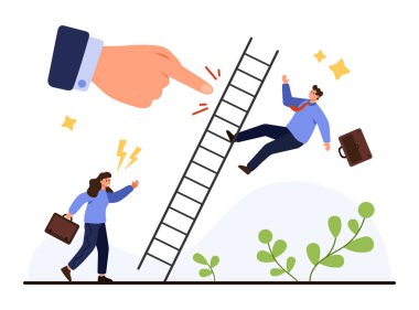 İş adamı dev bir el tarafından itildikten sonra kariyer merdiveninden düşerken, iş kadını tırmanmak için yarışıyor, iş yerindeki engelleri ve rekabeti simgeliyor beyaz arka plan vektör ilülasyonunda izole edilmiş