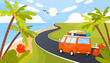 Palmiye ağaçları, çiçekler, mavi deniz ve güneşli gökyüzü ile çevrili dolambaçlı kıyı yolu boyunca sörf tahtaları olan bir minibüs, tropikal yaz yolculuğu vektör çizimini yakalıyor.