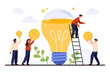Yeni bir iş projesi için para toplamak ve yenilikleri desteklemek, beyaz arka plan illüstrasyonunda izole edilmiş yaratıcı fikirler için takım çalışması ve finansal katkı sağlamak için işbirliği yapan insanlar
