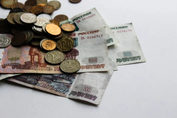 Rússia Fundo Dinheiro Punhado Notas Escombros Vista Superior Moeda Fundo — Fotografia de Stock