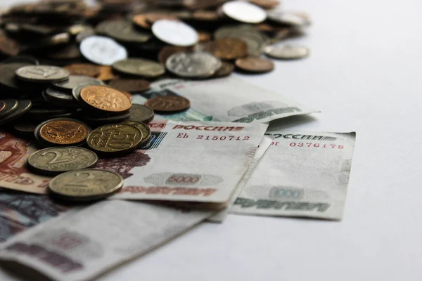Rússia Fundo Dinheiro Punhado Notas Escombros Vista Superior Moeda Fundo — Fotografia de Stock