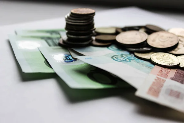 Rusia Dinero Fondo Montón Billetes Escombros Vista Superior Moneda Fondo — Foto de Stock