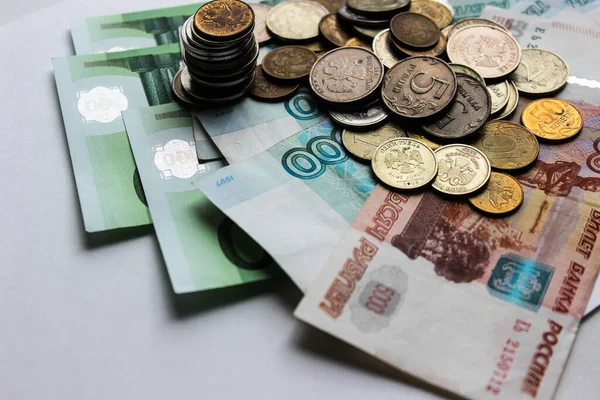 Rusia Dinero Fondo Montón Billetes Escombros Vista Superior Moneda Fondo — Foto de Stock
