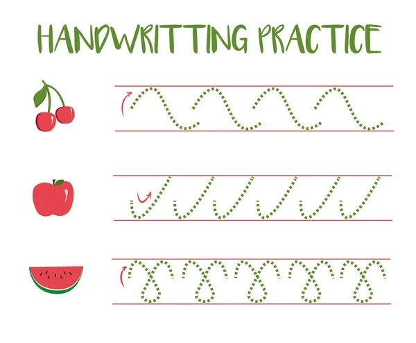 Handwriting practice sheet, draw track of fruit in cartoon style, kids preschool activity, educational children game, printable worksheet, writing training. Flat design.