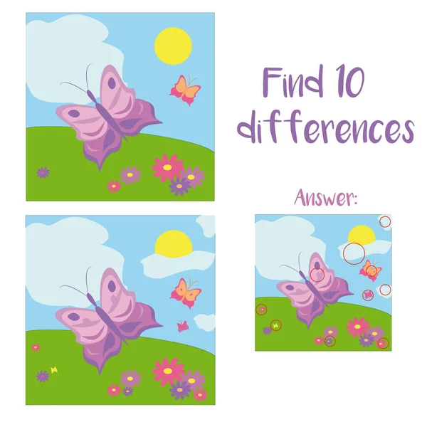 Butterflies fly over flowers, summer, clouds. Find 5 differences. A simple educational game for children. Kids activity sheet. Cartoon illustration, flat design. Printable worksheet