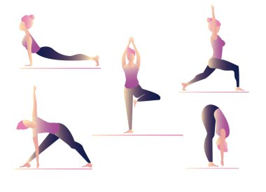 5 illüstrasyon seti, esneme hareketleri, sabah egzersizleri, yoga, spor. Moda spor illüstrasyonları. Güzel düz simge koleksiyonu.