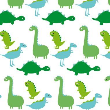 Şirin dinazorları olan düz bir model. Beyaz arka planda izole edilmiş şirin dinozorlar. Çocuk çizimi. Komik karikatür dino ve tarih öncesi öğeler. Çocuk tasarımı