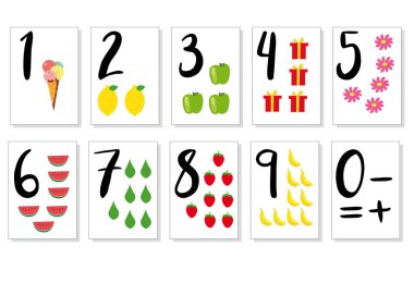 Printable flashcard collection for numbers from 0 to 10 for children. For preschool and kindergarten kids learning numbers, to count to deduct, to decide math example. Mathematics cards for children. clipart