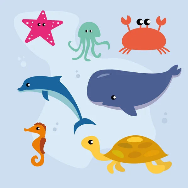 Set of flat cute illustrations of marine life marine fish and animals. Dolphins and whales, sharks and octopuses, jellyfish and seahorses. Set of cute animals icons isolated on white background.
