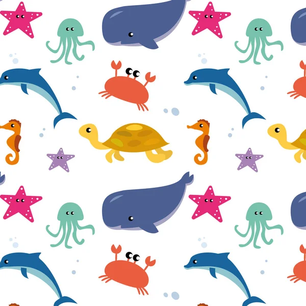 Modèle Illustrations Plates Vie Marine Poissons Animaux Marins Dauphins Baleines — Image vectorielle