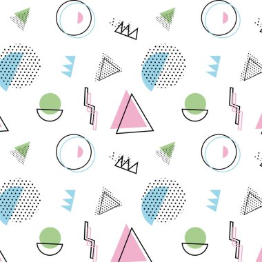 Kırmızı arka planda Memphis modeli 80 'ler-90' lar tarzı. Memphis tarzı moda. Renkli geometrik desen farklı şekiller, farklı renk biçimi. Kapak tasarımı, soyut desen, hipster modası..