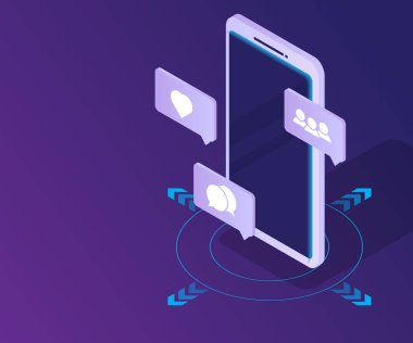 Smartphone ile sosyal medya ağ simge vektör izometrik