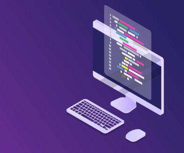 illüstrasyon kavramı, bilgisayar mornitor vektör izometrik kodla kodlama yazılım programlama